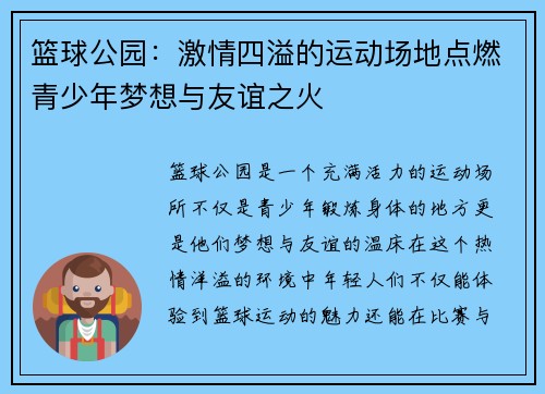 篮球公园：激情四溢的运动场地点燃青少年梦想与友谊之火