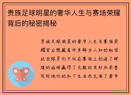 贵族足球明星的奢华人生与赛场荣耀背后的秘密揭秘